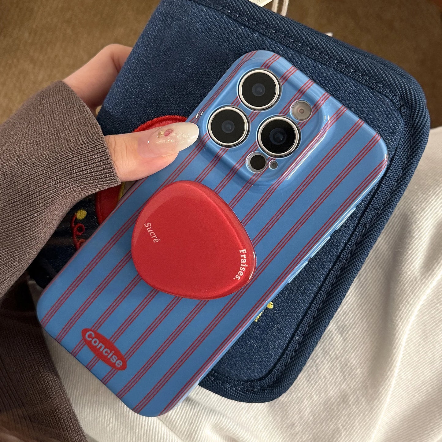 Retro Style Red Blue Striped With Bracket Phone Case For iPhone