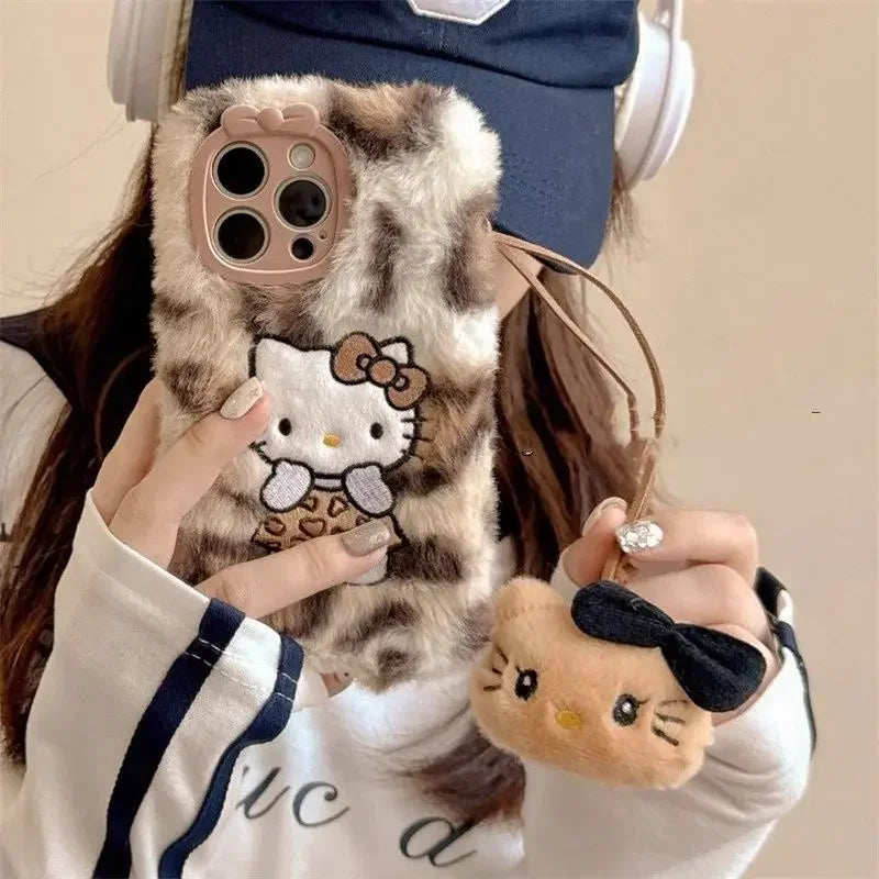 Y2k Hello Kitty Kawaii Plush Leopard Print Phone Case For iPhone