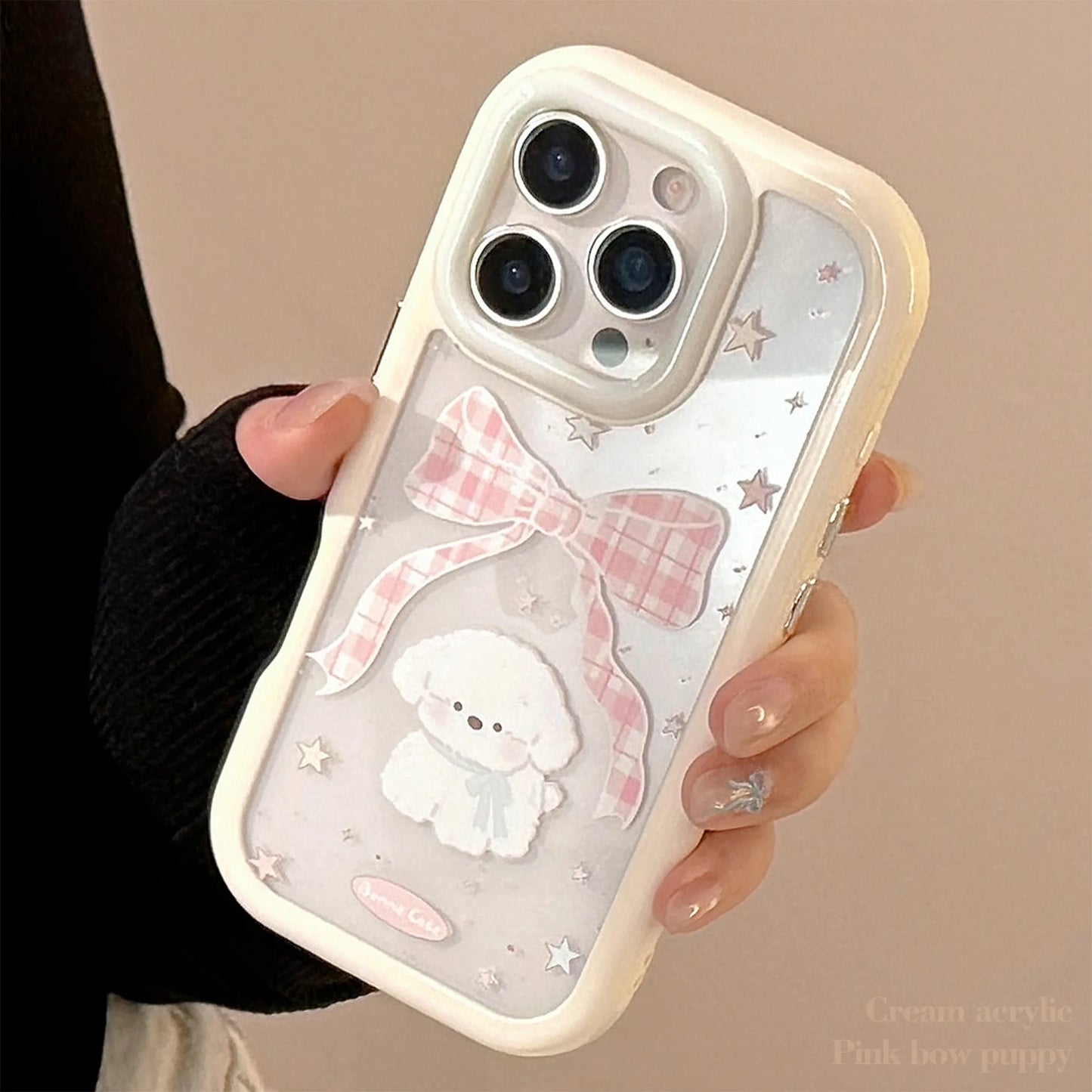 Korean Cartoon Plaid Bowknot Puppy Phone Case For iPhone