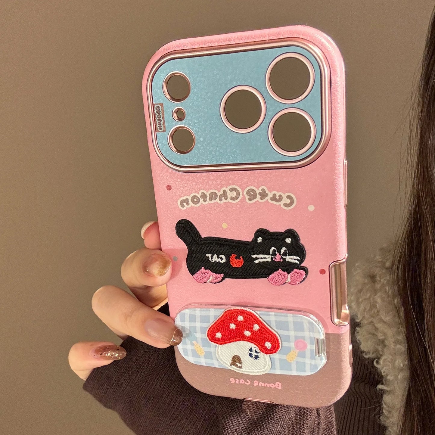 Korean Cartoon Embroidery Kitten Leather Texture Fold Mirror Phone Case For iPhone
