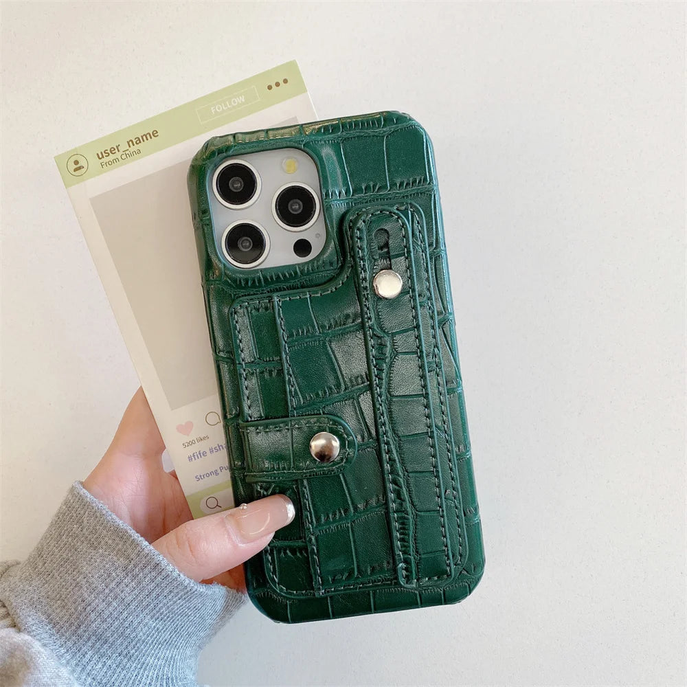 Slot Card Bag Wrist Strap Holder Leather Wallet Phone Case For iPhone