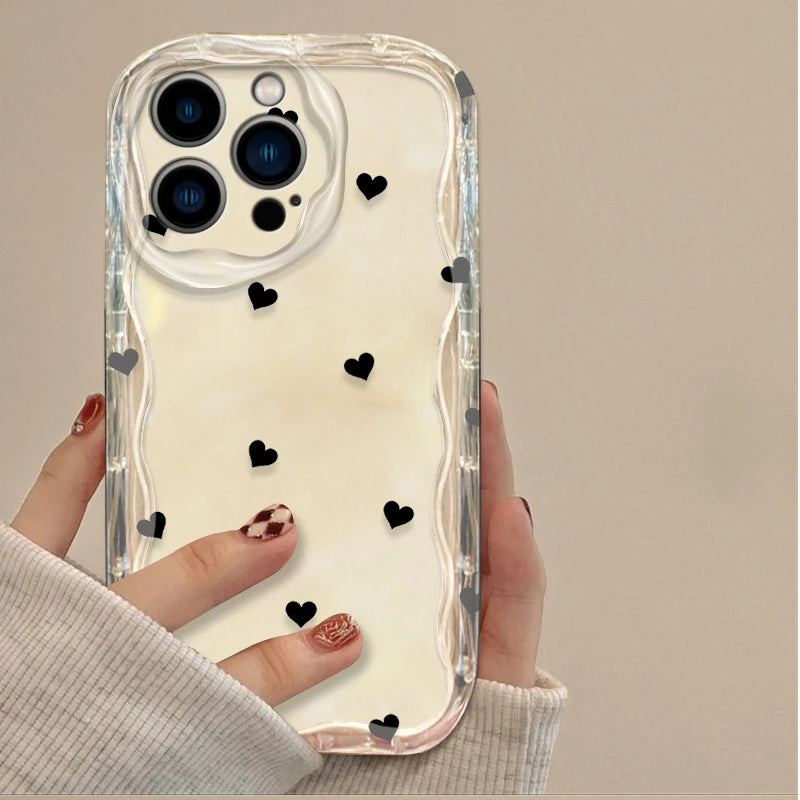 Black With Bow Love Heart Shape Wave Phone Case  For iPhone