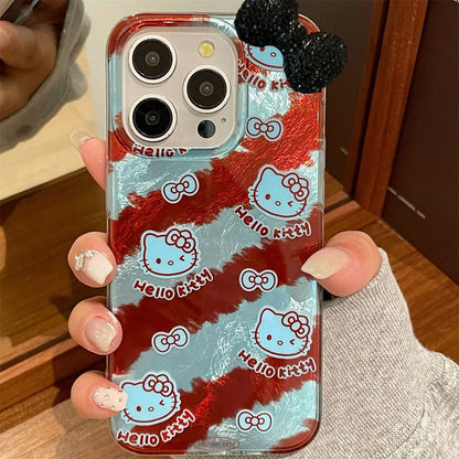 Hello Kitty Blue Brown Stripes Mirror Bow Strap Phone Case For iPhone