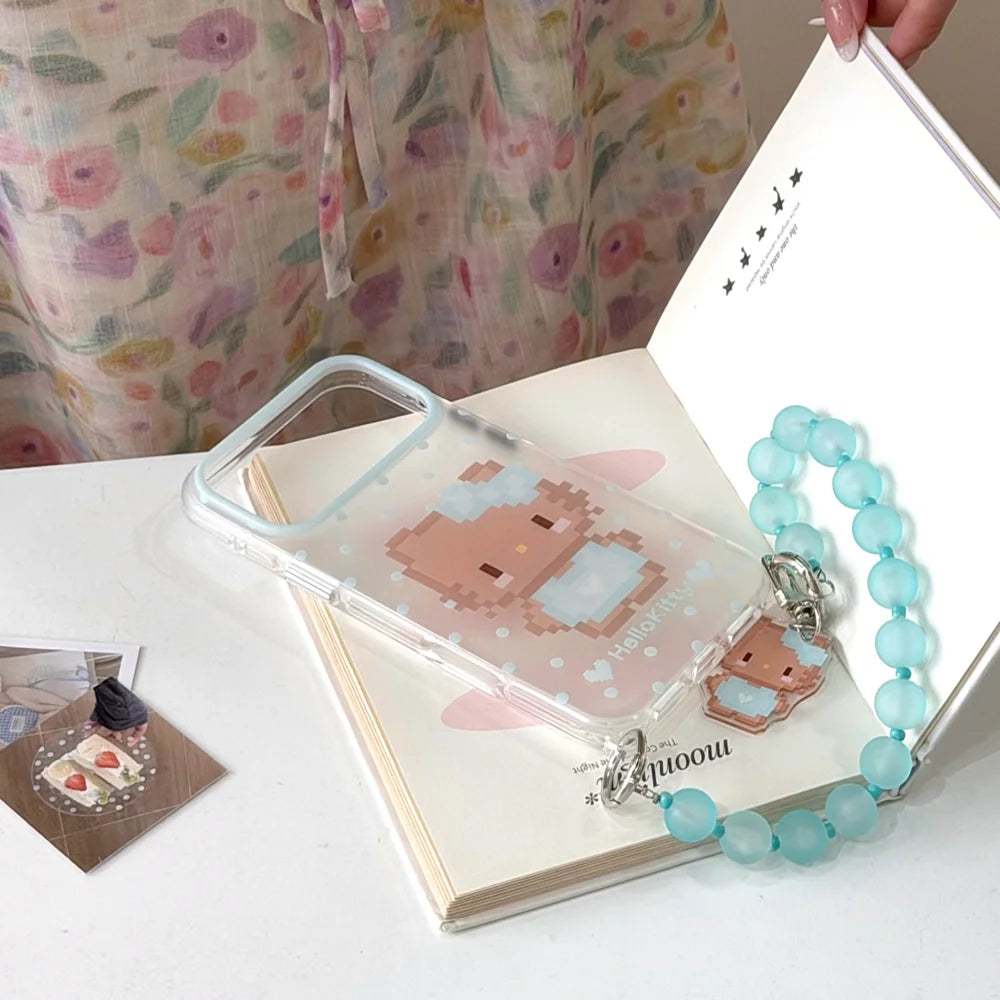 Ins Cute Pixel Hello Kitty Polka Dot Phone Case With Blue Bead Wrist Strap Pendant Shockproof Cover For iPhone
