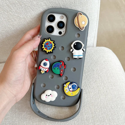 Cute DIY Hole Phone Case With Wrist Strap Detachable Cartoon Soft Silicone Phone