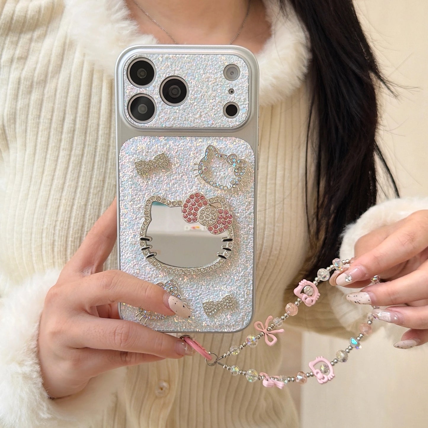 3D Cute Cartoon Sanrio KT Bling Glitter Makeup Mirror Phone Case For iPhone