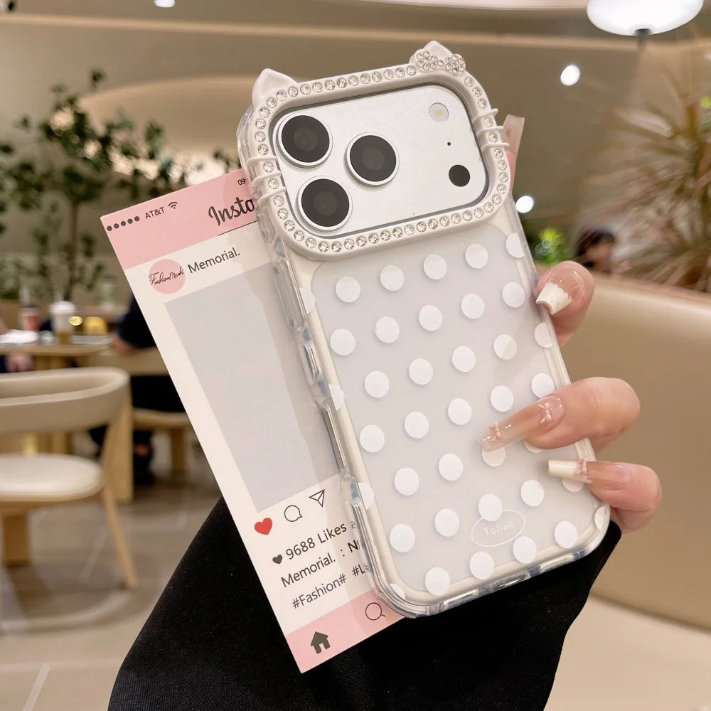 Glitter Cat Ear Polka Dot Matte Case  For iPhone