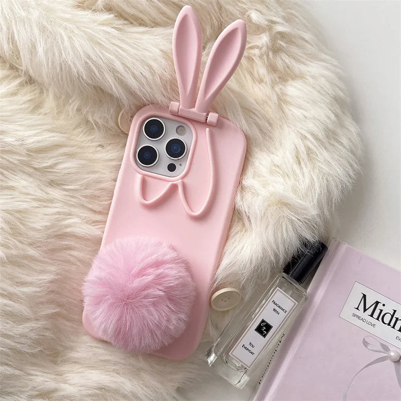 3D Cartoon Rabbit Ear Foldable Holder Silicone Phone Case For iPhone