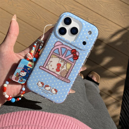 Korean Blue Polka Dot Cute Kitty Phone Case For iPhone