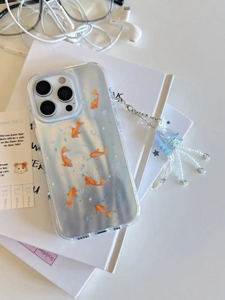 Creative INS Gradient Blue Goldfish & Star Patterns with Beaded Charm Phone Case