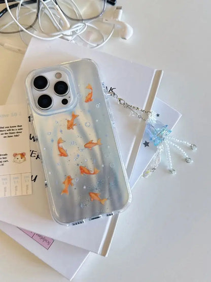 Creative INS Gradient Blue Goldfish & Star Patterns with Beaded Charm Phone Case