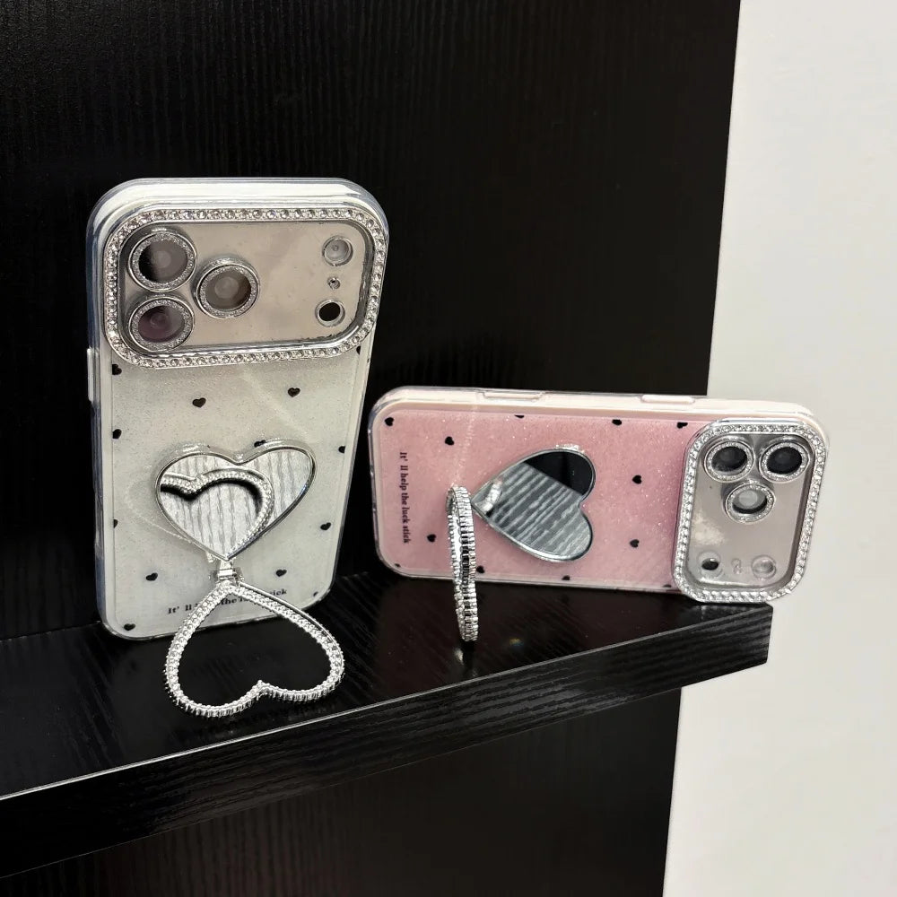 Glitter Diamond Love Heart Mirror Bracket Case For iPhone