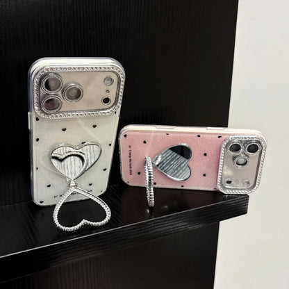 Glitter Diamond Love Heart Mirror Bracket Case For iPhone
