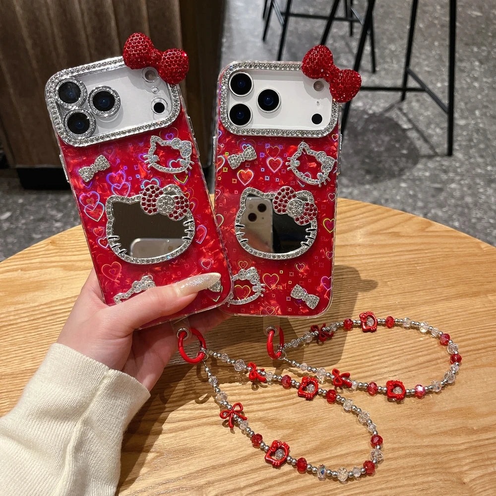 Sanrio Hello Kitty Bling Glitter Makeup Mirror Phone Case For iPhone