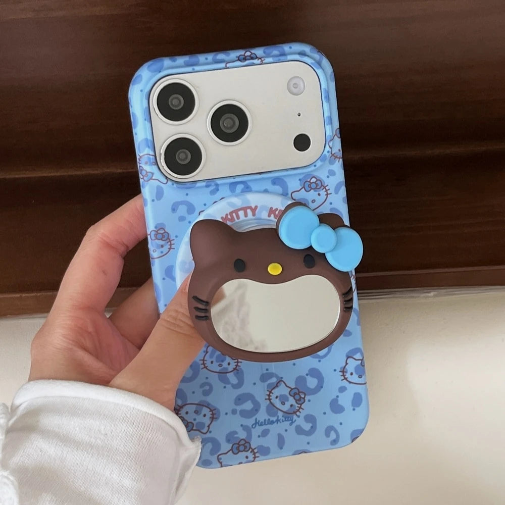 Cute Sanrio Hello Kitty Magnetic Makeup Mirror Holder Magsafe Wireless Charge Phone Case For iPhone