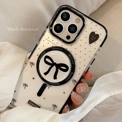 Korean Black Polka Dots Bowknot Magnetic Bracket Phone Case For iPhone