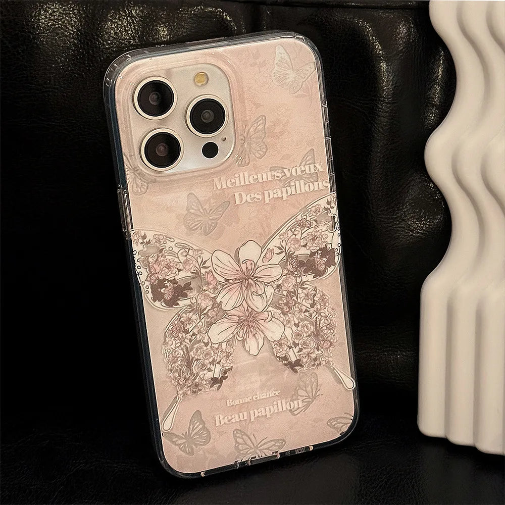 Korean Flowers Butterfly Dual Layer Phone Case With Bracelet Chain For iPhone