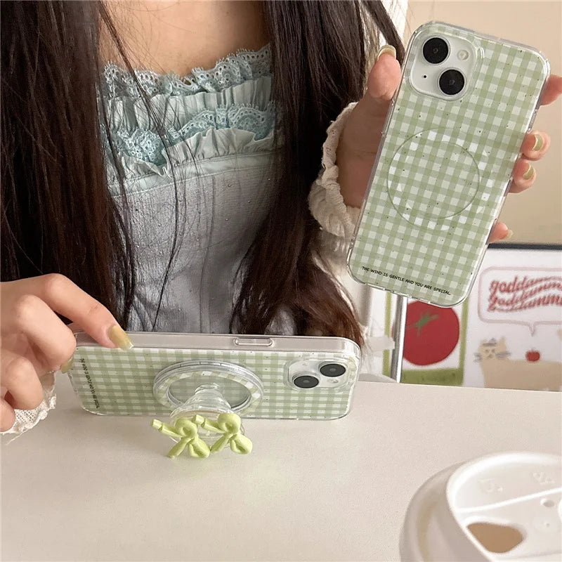Simple Green Plaid Pattern Magnetic Phone Case