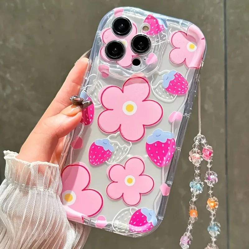 Fashionable Strawberry Flower With Lanyard Pattern For iPhone