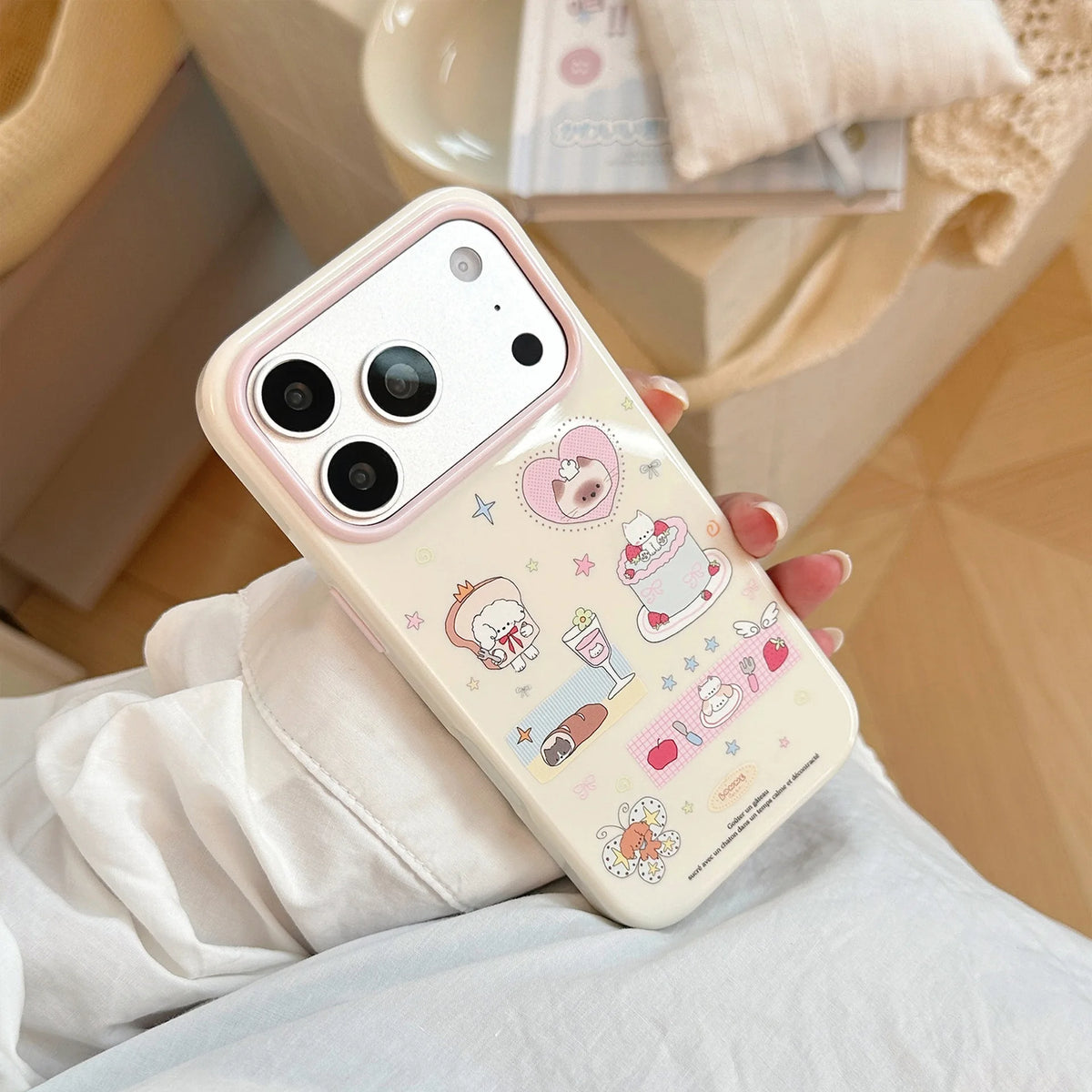 Korean Cartoon Dessert Kitten Puppy Stars Pattern Phone Case For iPhone