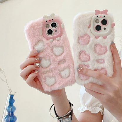 Korean Cute Love Heart Plush Warm Fluffy Phone Case For iPhone