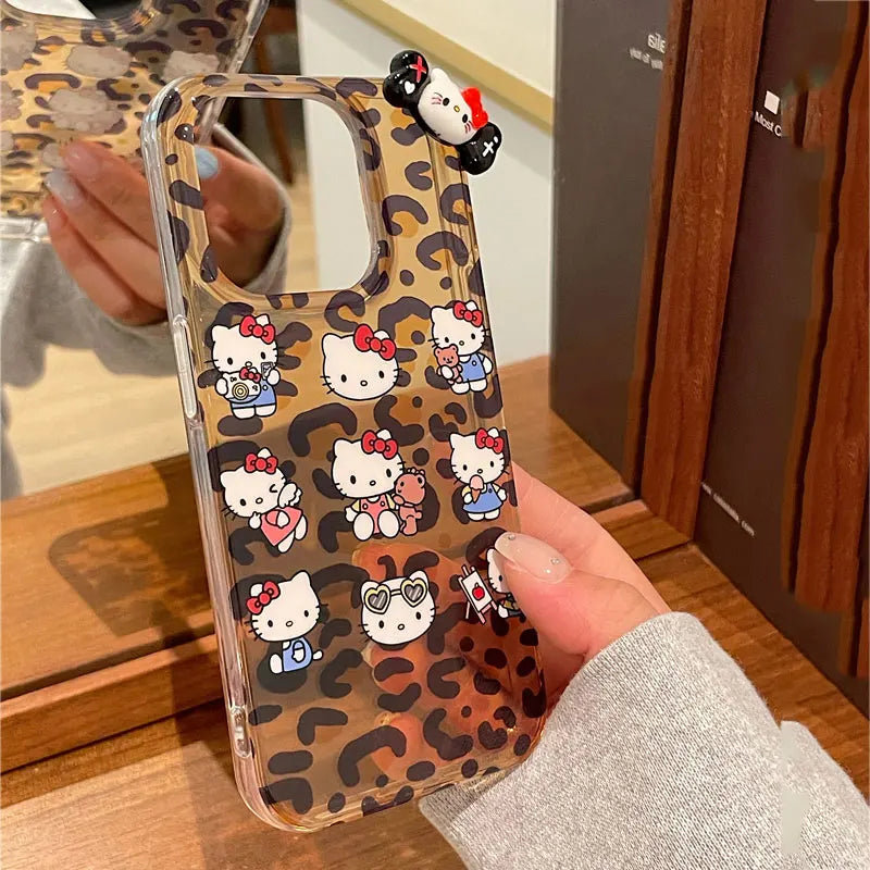 Hello Kitty Bow Lepard Print Face Phone Case For iPhone