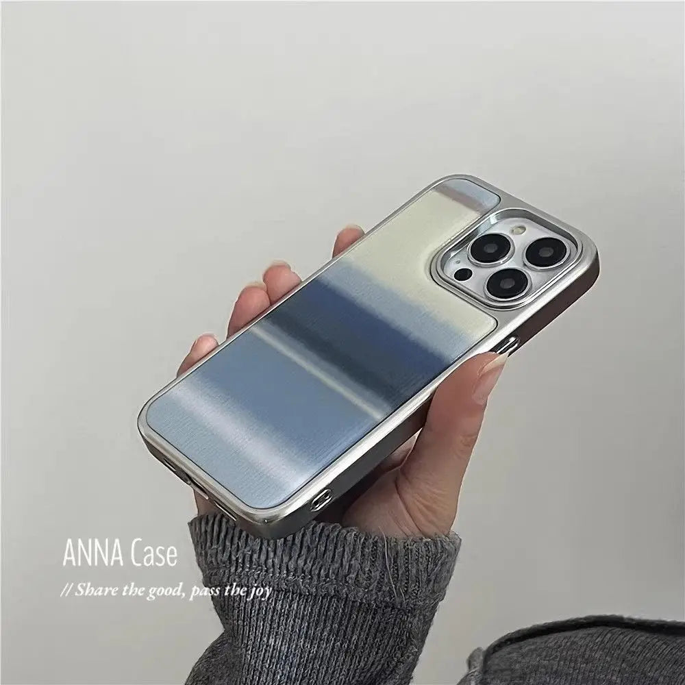 Creative Minimalist Blue Gradient Resin Casting Silver Frame Phone Case For iPhone