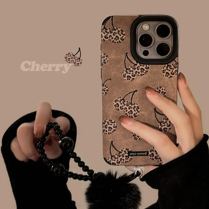 Leopard Print Cherry Suede Leather Phone Case with Beaded Chain For iPhone