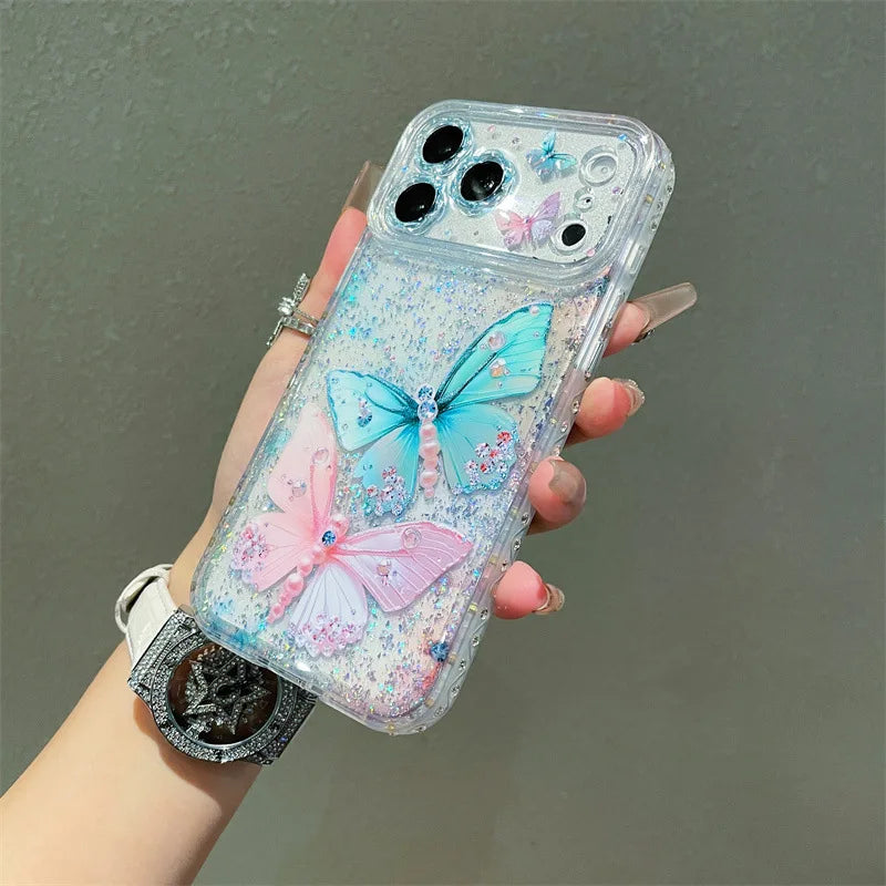 Luxury Sequins Pink Blue Diamond Butterfly Glitter Phone Case For iPhone