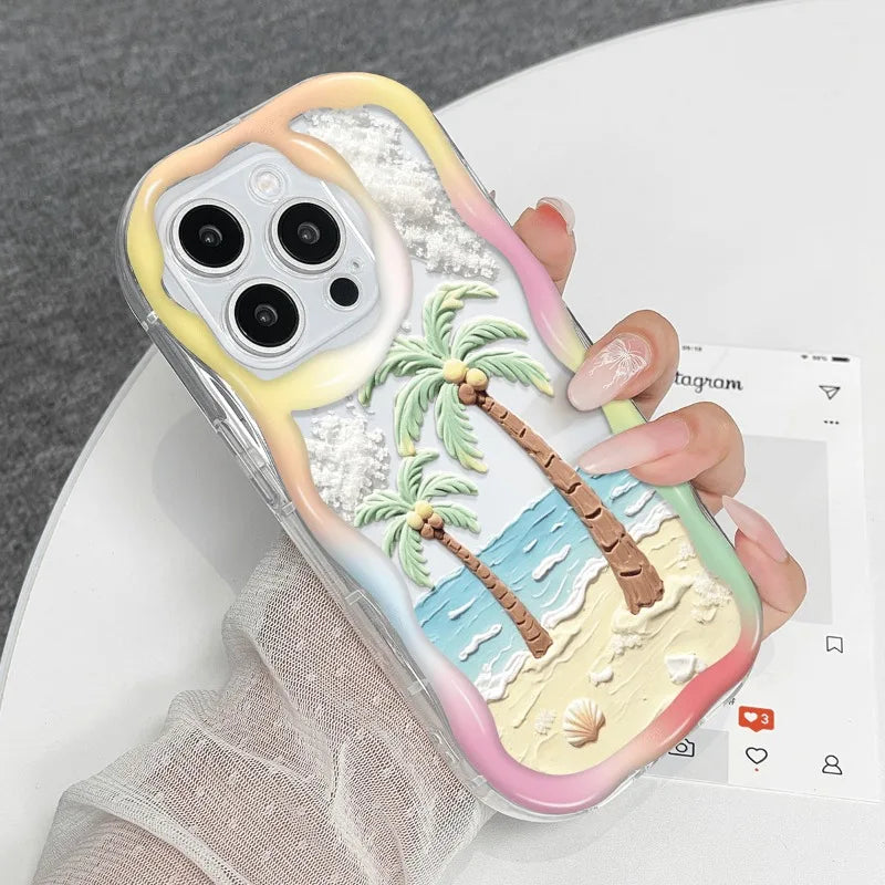 Summer Beach Coconut Trees Wavy-edge Phone Case For iPhone