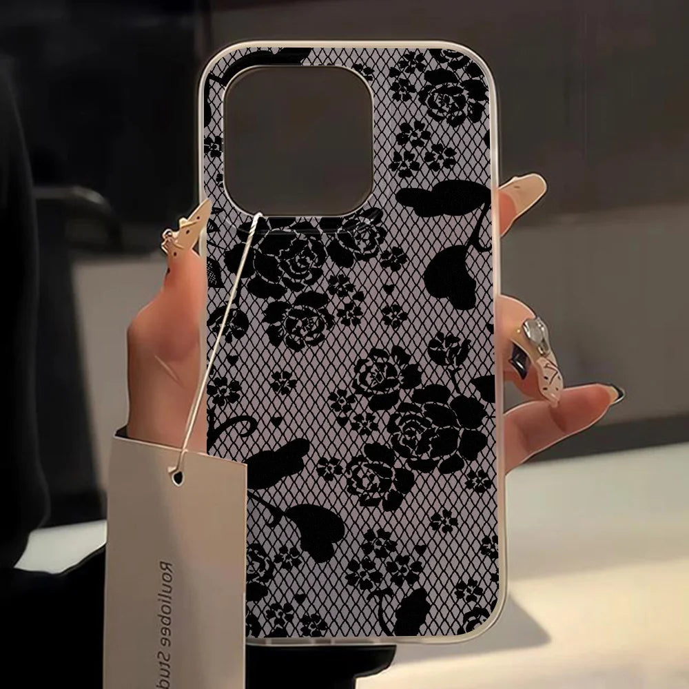 Black Lace Pattern Rose Flower Phone Case For iPhone