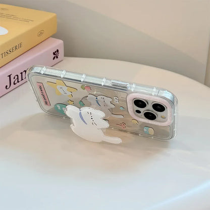 Korean Cartoon White Cat Bracket With Lanyard Makeup Mirror Phone Case For iPhone