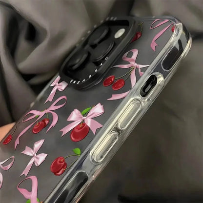 Ins Korean Lovely  Bow Cherry Phone Case For iPhone