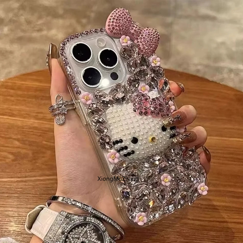 Hello Kitty Cute Cat Bow Flower Bling Glitter Diamond Custom Phone Case