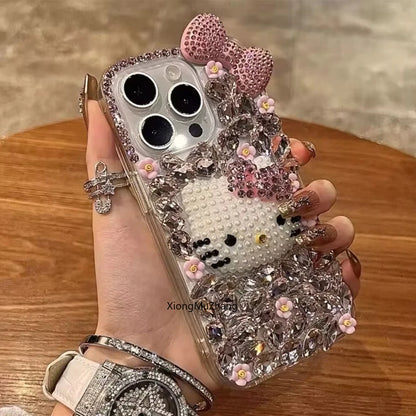 Hello Kitty Cute Cat Bow Flower Bling Glitter Diamond Custom Phone Case