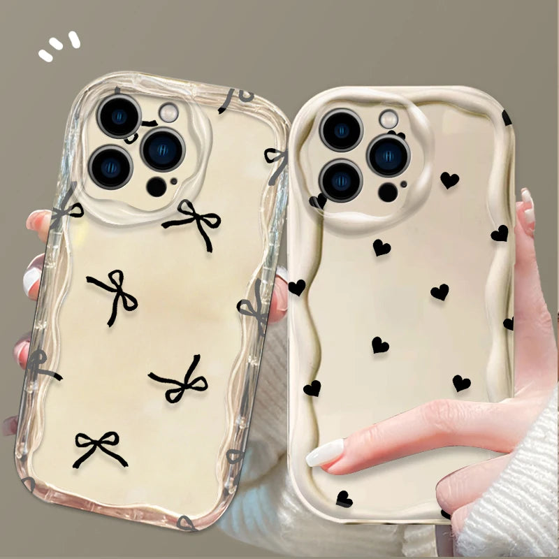 Black With Bow Love Heart Shape Wave Phone Case  For iPhone
