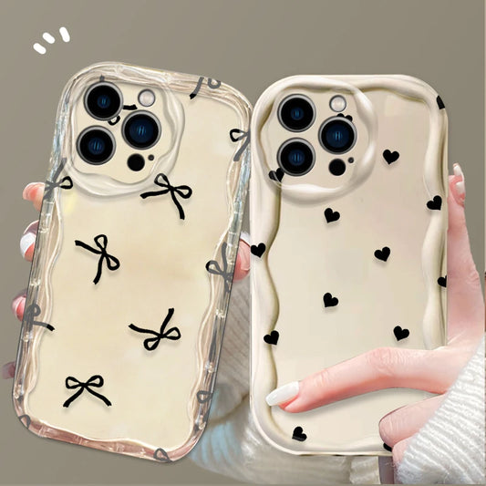 Black With Bow Love Heart Shape Wave Phone Case  For iPhone