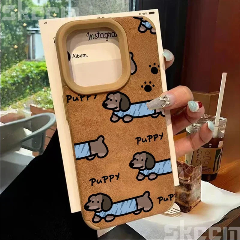 Line Drawing Sausage Dog Leather Phone Case For iPhone