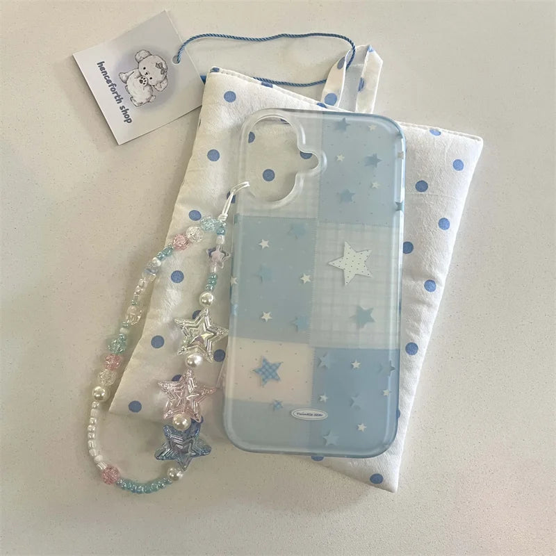 Cartoon Cute Blue Plaid Star Phone Case For iPhone