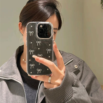 INS Korea Girl Glitter 3D Silver Bow Beads Phone Case For iPhone
