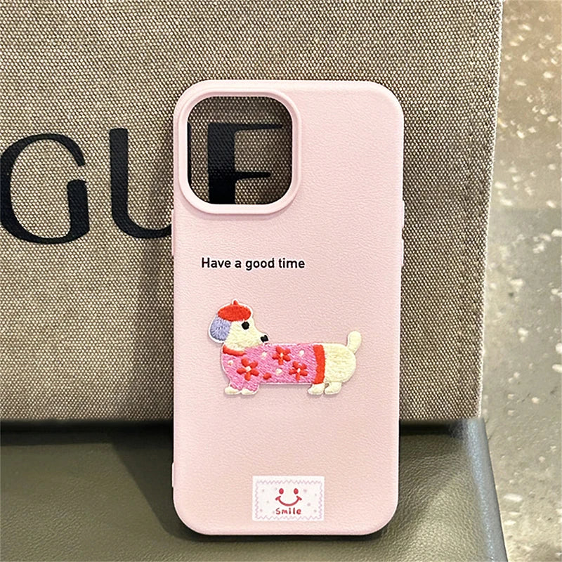 Cute Cartoon Dachshund Litchi Pattern Phone Case For iPhone