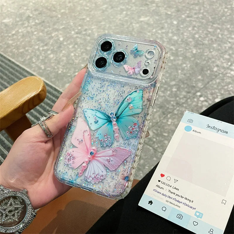 Luxury Sequins Pink Blue Diamond Butterfly Glitter Phone Case For iPhone