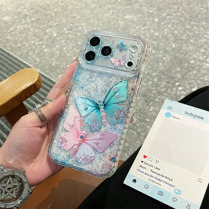 Luxury Sequins Pink Blue Diamond Butterfly Glitter Phone Case For iPhone