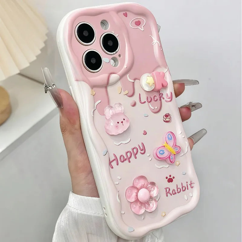 Sweet Style Pink 3D Bunny Flowers Wavy-Edge Phone Case For iPhone