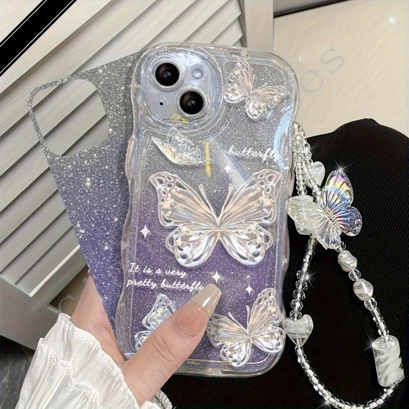 INS Butterfly Pattern Cream Wavy-Edge Phone Case For iPhone