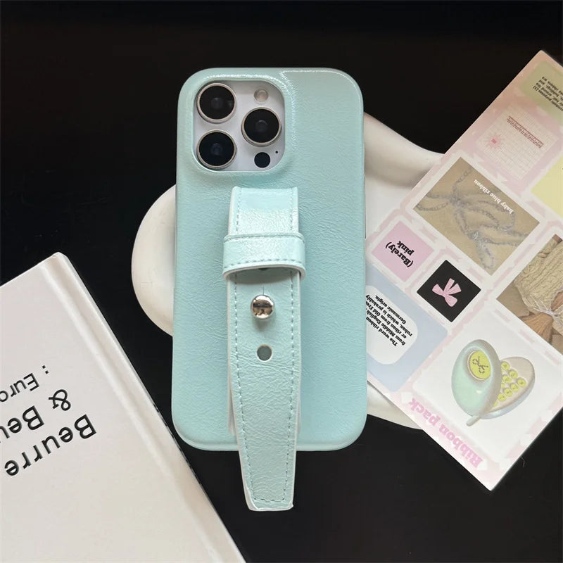 Simple Sky Blue Leather Wristband Stand Phone Case