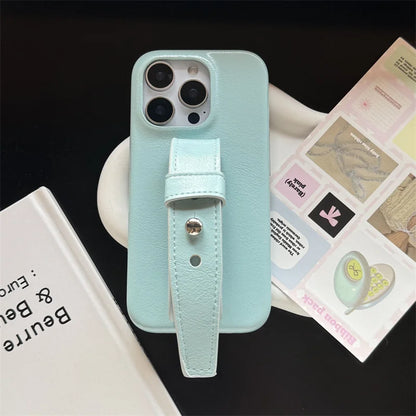 Simple Sky Blue Leather Wristband Stand Phone Case