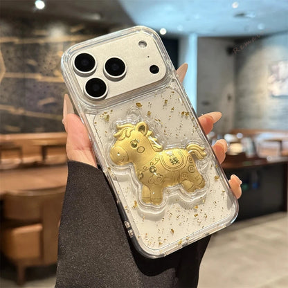 Clear Bling Bling  Glitter Gold Horse Phone Case For iPhone