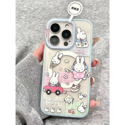 Cartoon Driving Miffy Phone Case Kawaii Listening Music Miffy Rabbit Magnetic Bracket Phone Case Suitable For iPhone