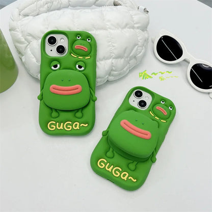 Cute Cartoon Thick Lips Frog Silicone Telescopic Bracket Phone Case For iPhone